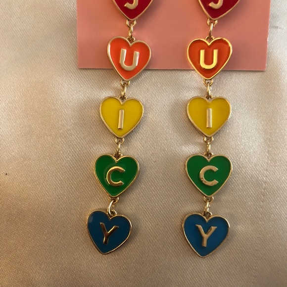 Juicy Couture Gold Tone Enamel Rainbow Stacked Juicy Hearts Drop Earrings NWT - Picture 10 of 11